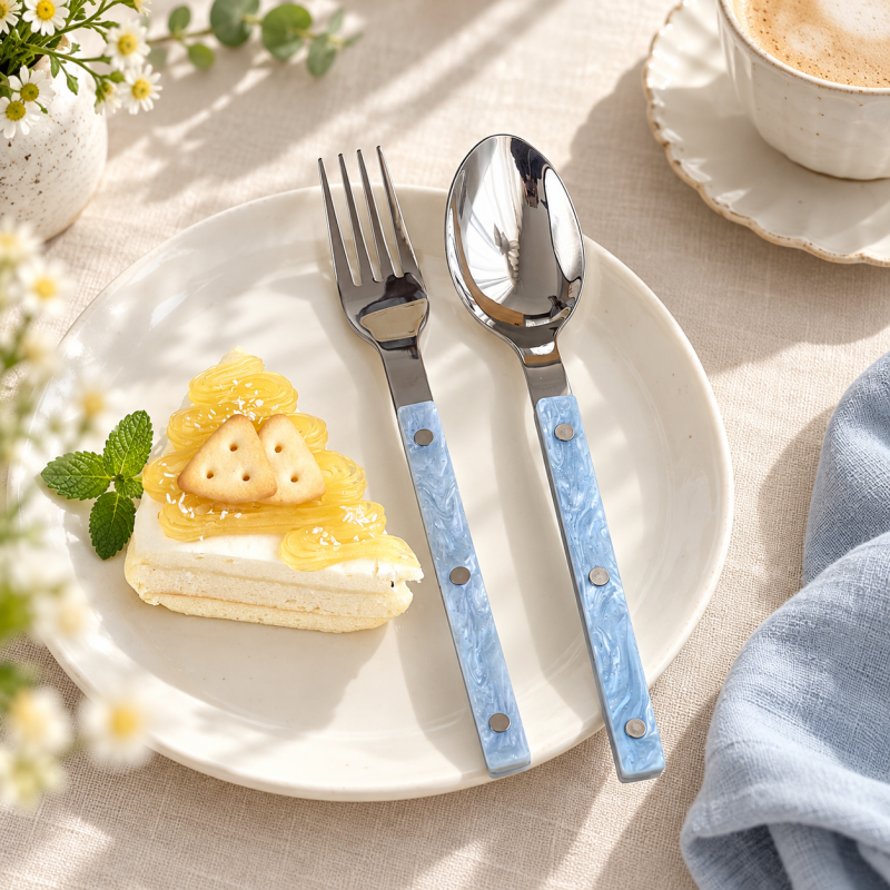 Riveted Flatware - Pearlescent Handles and Polished Steel Heads