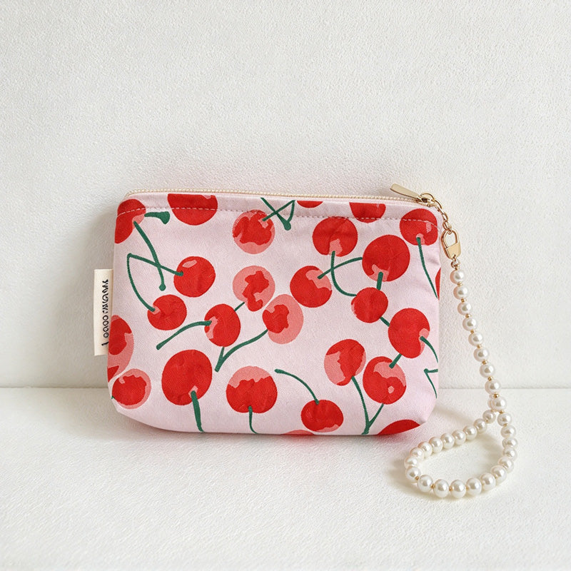 CouldNook Cherry Beaded Handle Pouch - Textured Motifs And Pearl-Look Loop