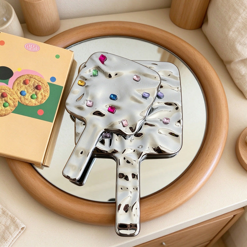 Jeweled Hand Mirror with Rippled Silver-Colored Back