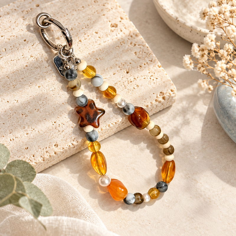 CouldNook Beaded Phone Strap - Warm Tones and Glossy Star Detail