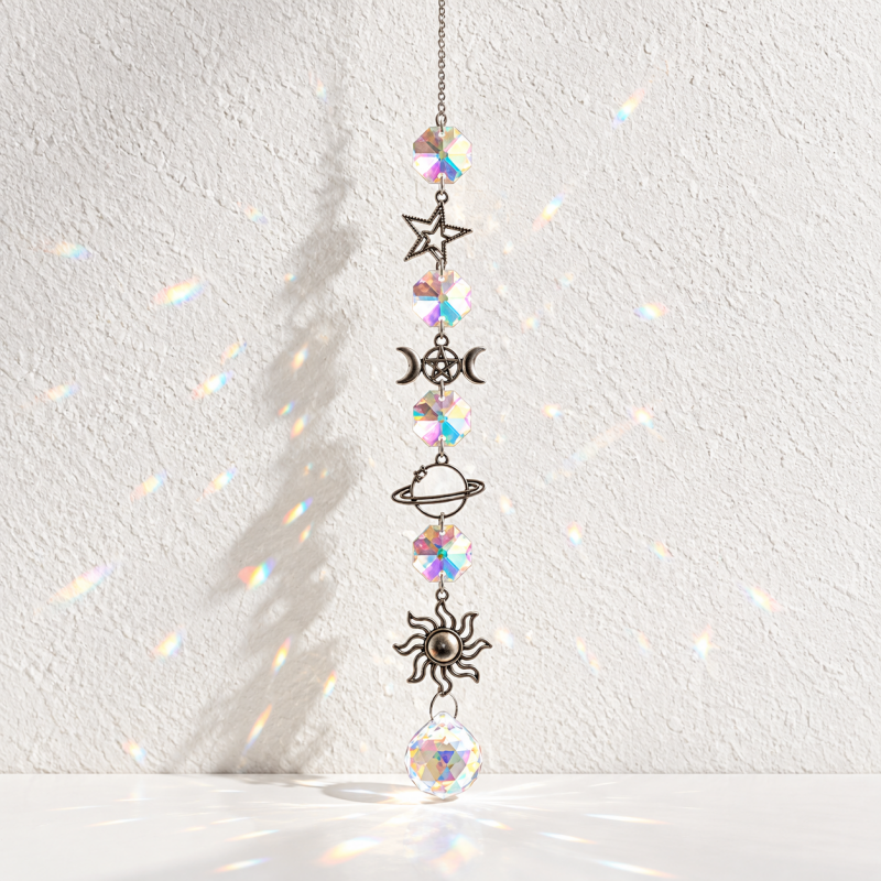 CouldNook Celestial Suncatcher - Silver-Toned Motifs and Linked Faceted Decorations