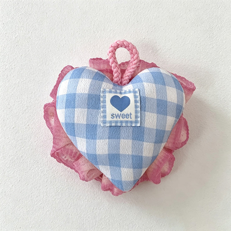 CouldNook Gingham Heart Bath Sponge - Hanging Fabric Scrubber