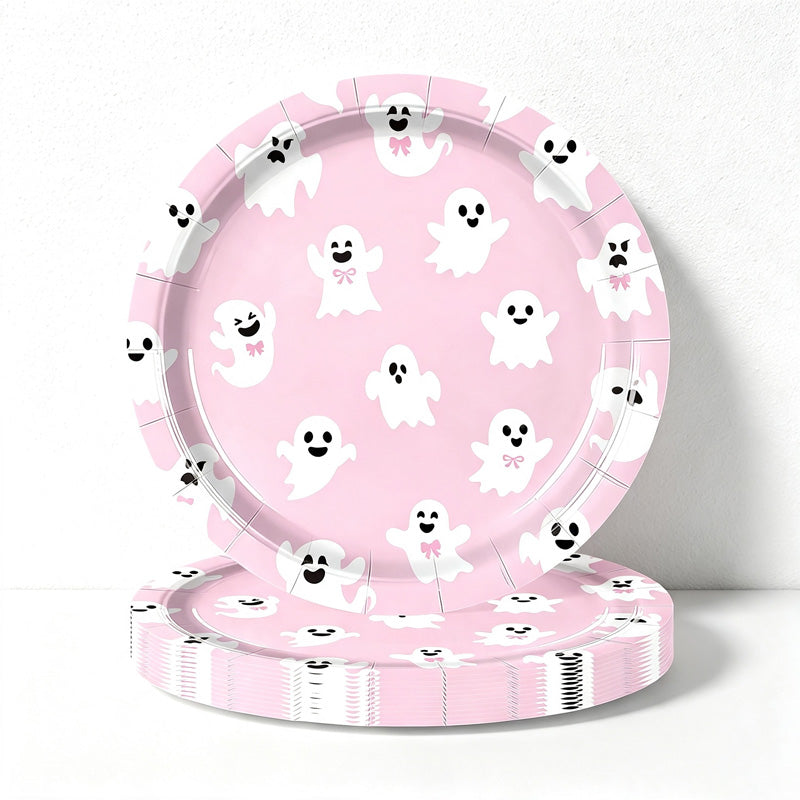 CloudNook Pink Ghost Halloween Party‑Disposable Tableware 9-Piece Set