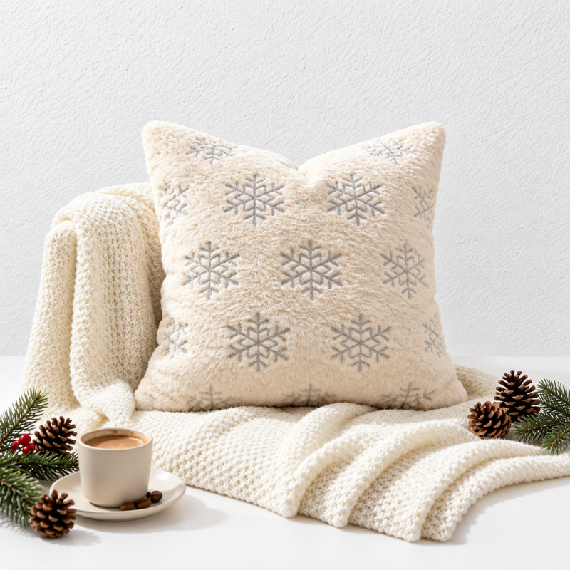 CouldNook Embroidered Winter Cushion Cover - Plush Texture And Seasonal Motifs