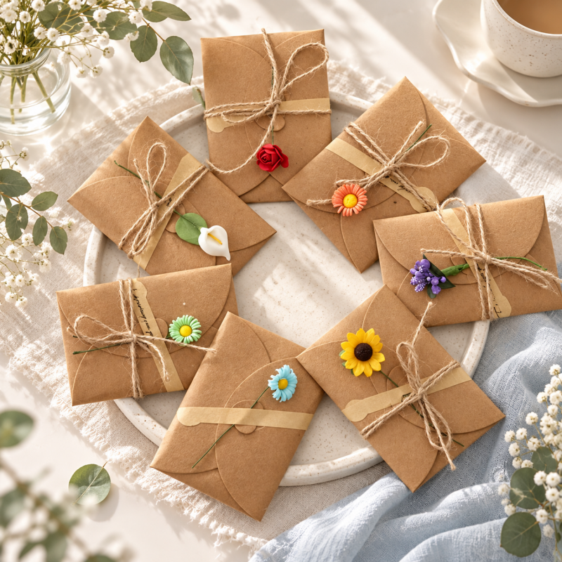 Flower Greeting Card - Kraft Folded Cover and Twine Bow