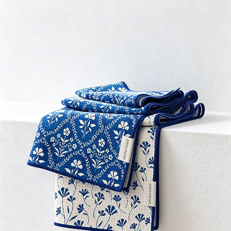 CouldNook Printed Tea Towel - Floral Blue and Brown Patterns