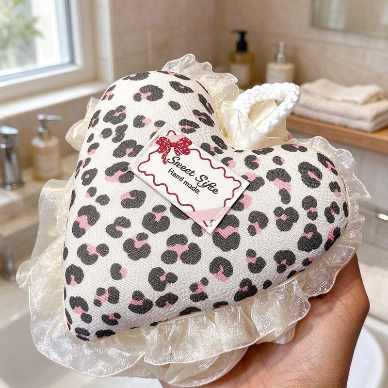 CouldNook Heart Bath Pouf - Printed Face and Ruffled Lace Edge