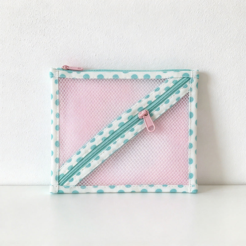 CouldNook Pink Mesh Storage Pouch - Diagonal Teal Zipper And Dotted Edges