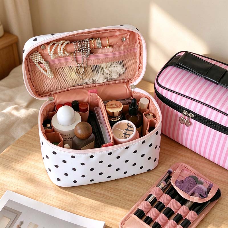 Bow Handle Cosmetic Bag - Heart Pulls and Patterned Body