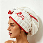 CouldNook Embroidered Hair Towel Wrap - Bow Motif Contrast Trim