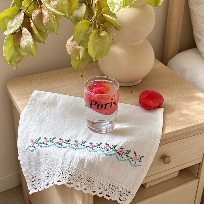 Floral Embroidered Table Cloth with Lace Edge