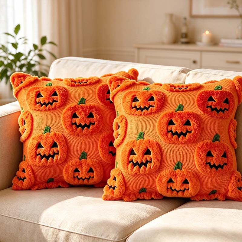 CouldNook Pumpkin Cushion Cover - Raised Jack-O-Lantern Faces And Textured Surface