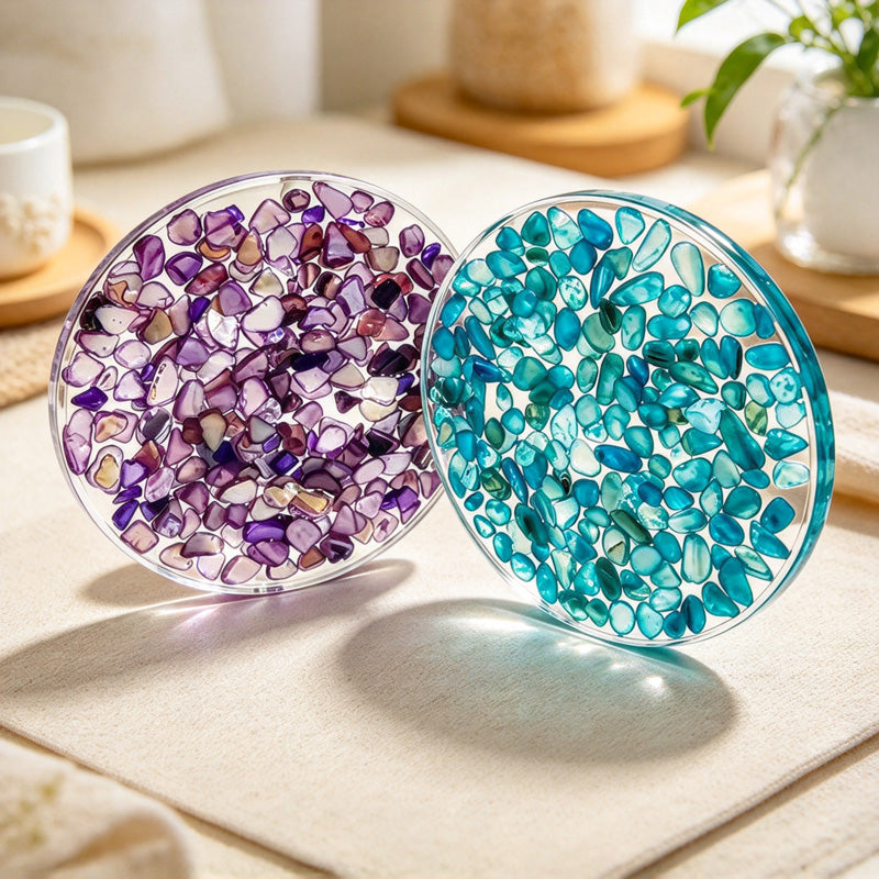 CouldNook Round Shell Coaster - Clear Resin and Iridescent Fragment Inlay