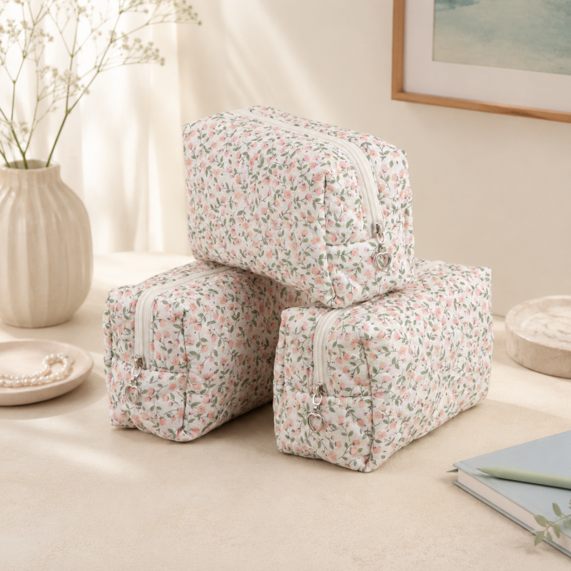CouldNook Floral Quilted Makeup Bag‑Portable Travel Cosmetic Pouch