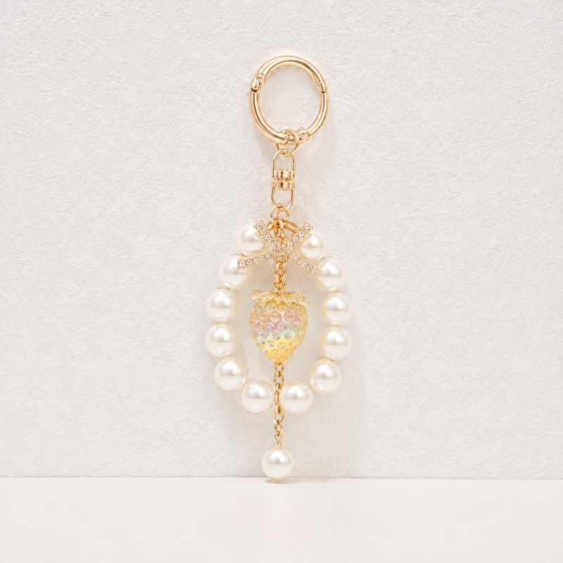 CouldNook Clear Strawberry Pearl Keychain - Bowknot Bag Pendant