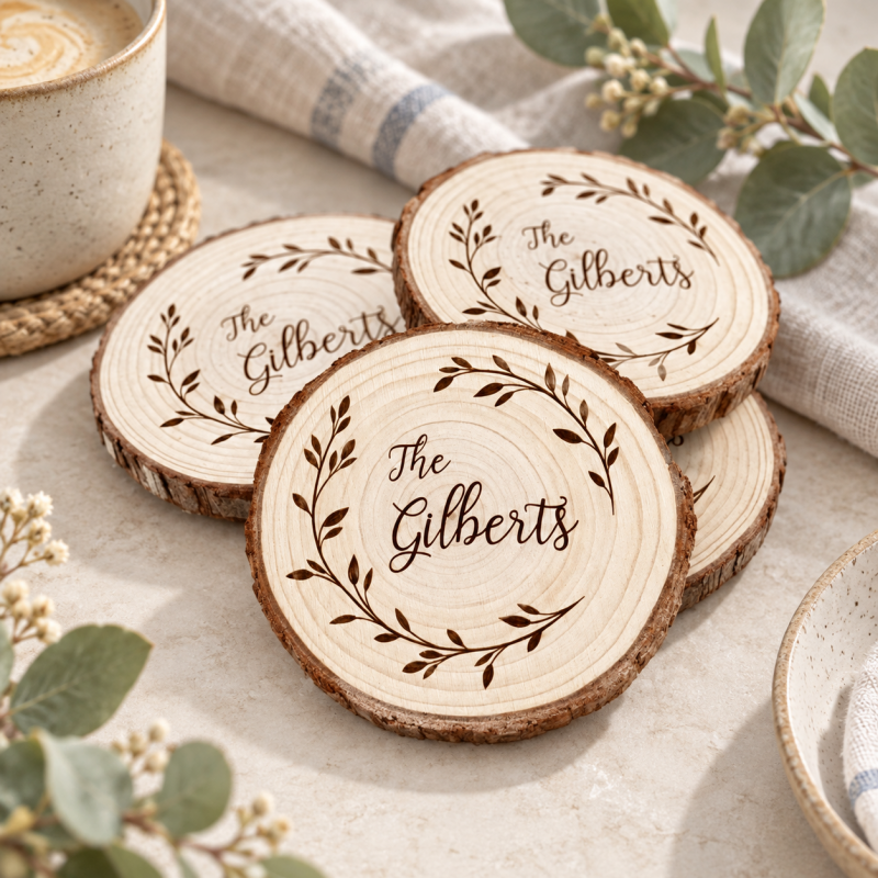 CouldNook Wood Slice Coaster - Personalized Wreath Name Design