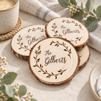 CouldNook Wood Slice Coaster - Personalized Wreath Name Design