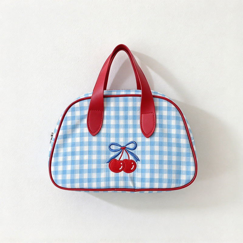 CouldNook Blue Gingham Makeup Bag - Contrast Trim And Cherry Decoration