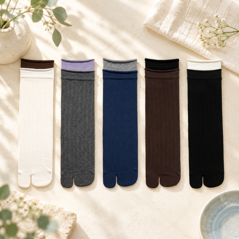 CouldNook Split-Toe Crew Socks - Double Cuff Contrast
