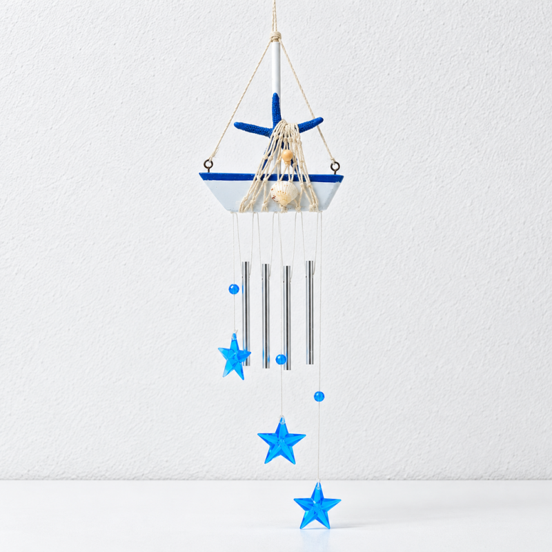 CouldNook Nautical Sailboat Wind Chime - Hanging Tubes And Blue Charms