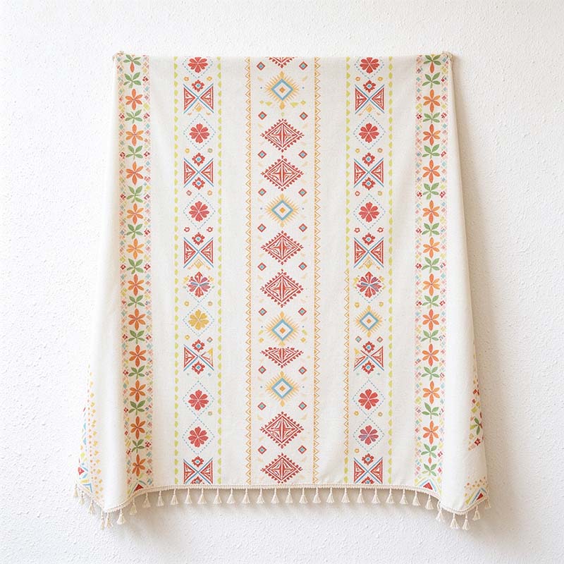 CouldNook Geometric Tassel Tablecloth - Patterned Bands and Cotton-Linen Blend Fabric