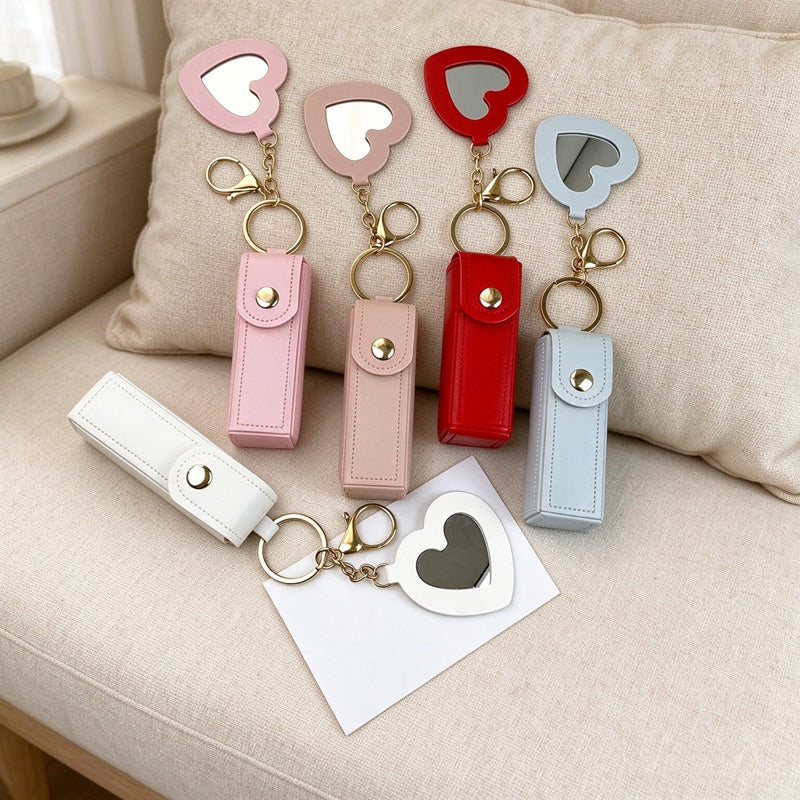 Lipstick Holder Keychain with Attached Heart Mirror