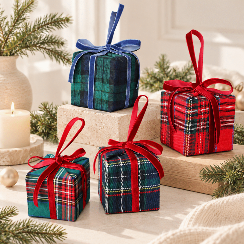 CouldNook Plaid Gift Box Christmas Ornament - Ribbon Bow