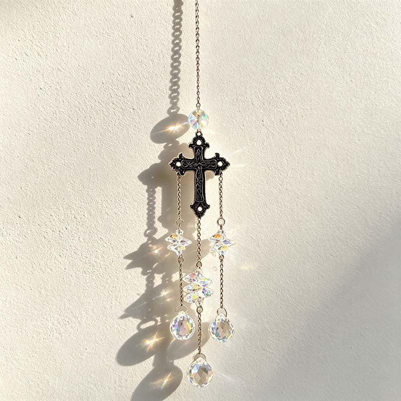 CouldNook Gothic Cross Suncatcher - Three Faceted Crystal Drop Strands