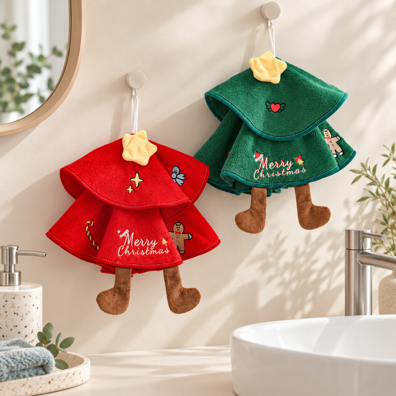 Christmas Tree Hand Towel with Dangling Boot Details