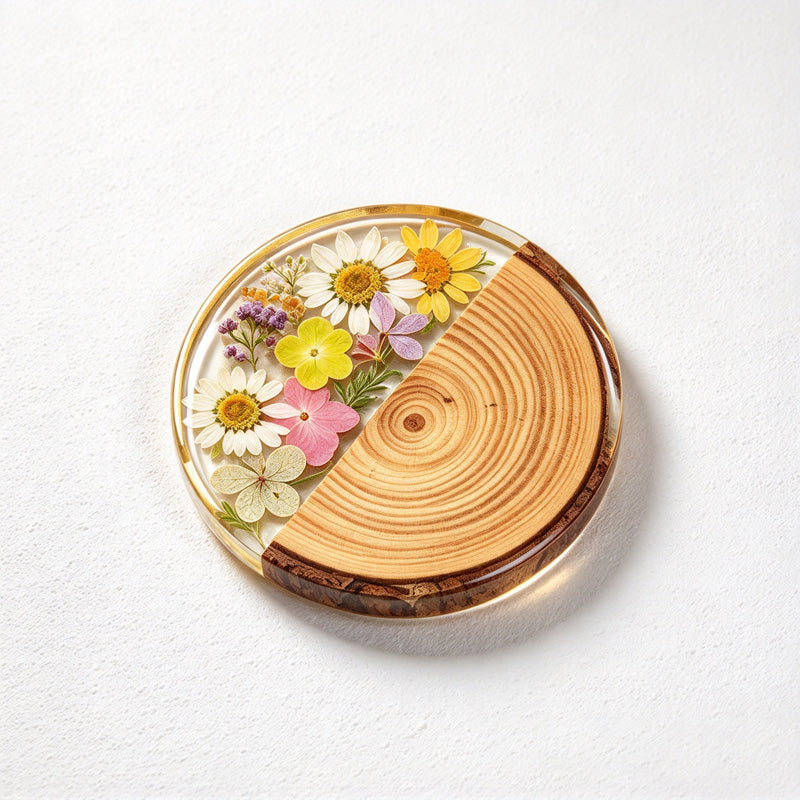 CouldNook Round Floral Coaster - Wood Grain and Clear Resin Section