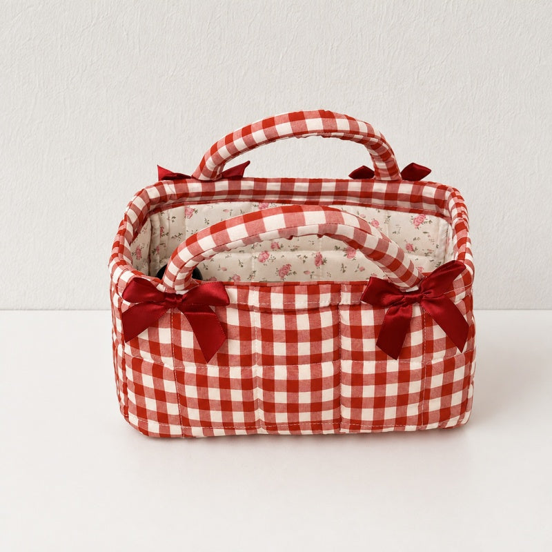 CouldNook Gingham Quilted Storage Basket‑French Style Bow‑Decorated Handheld Organizer