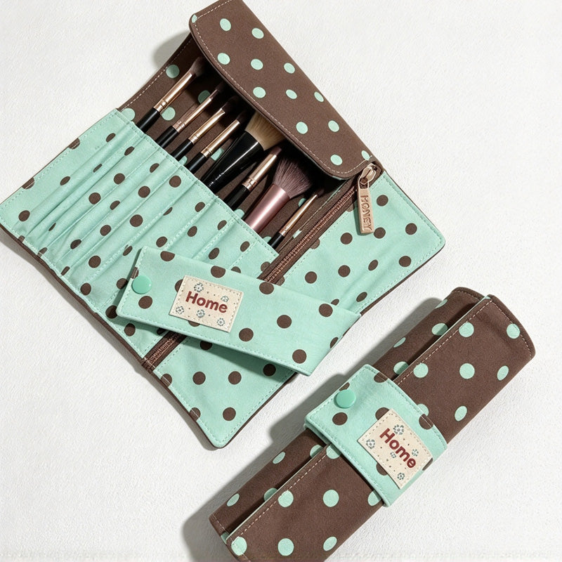 CouldNook Polka Dot Brush Roll - Individual Slots And Zippered Pocket