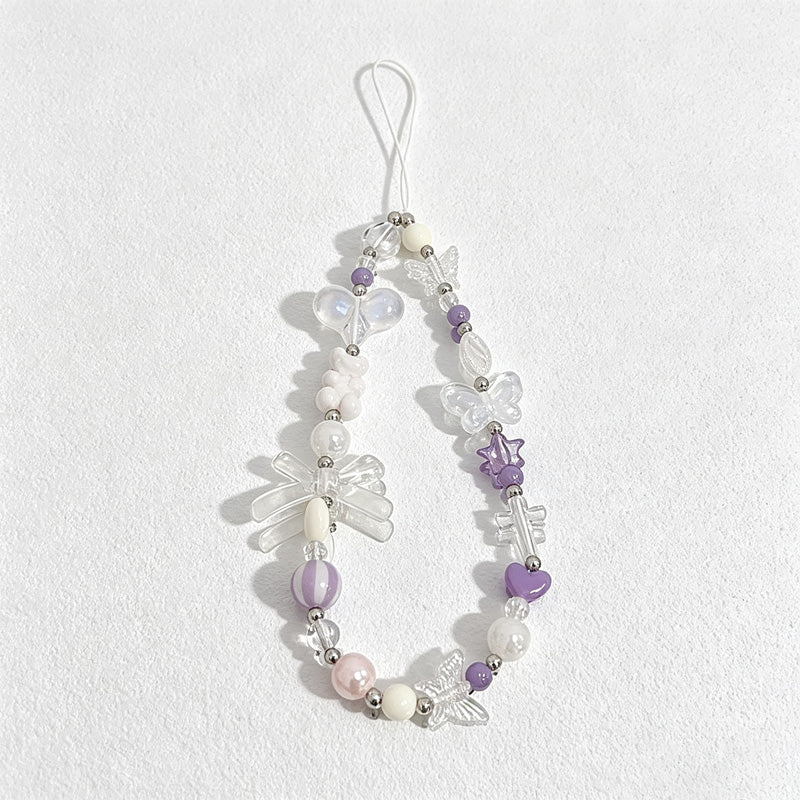 CloudNook Purple Bow Phone Lanyard‑Crystal Beaded Wrist Charm