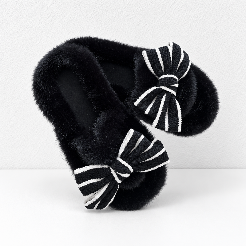 CouldNook Plush Bow Slippers - Cream and Black Options