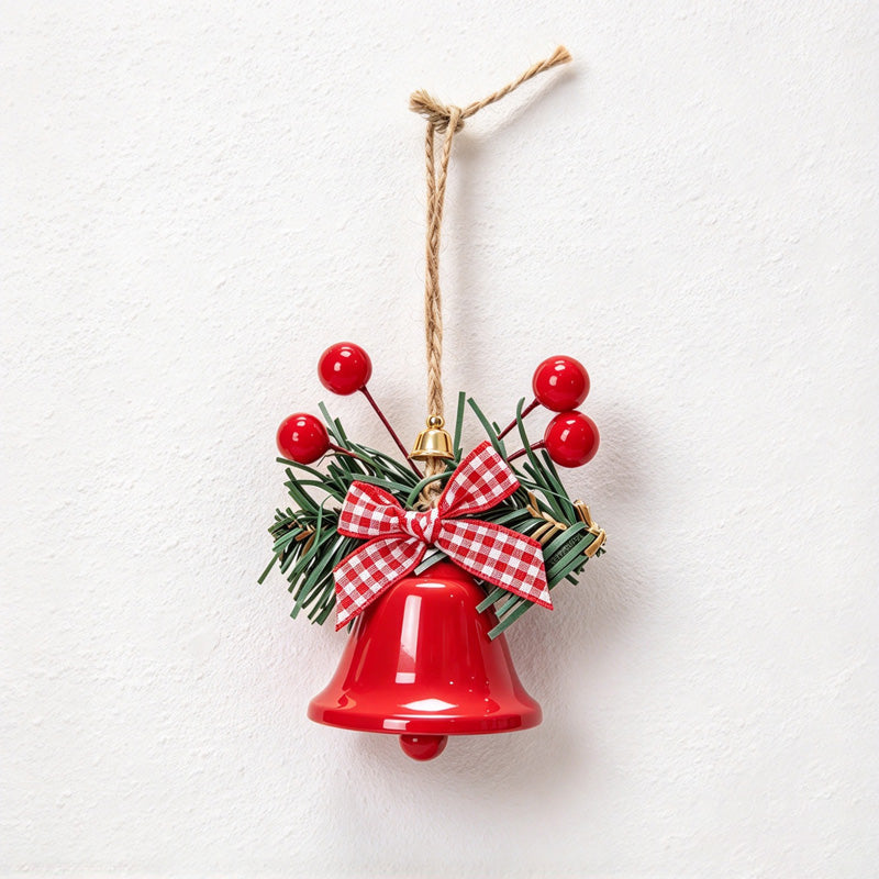 CouldNook Christmas Bell Ornament - Checkered Bows and Greenery Accents