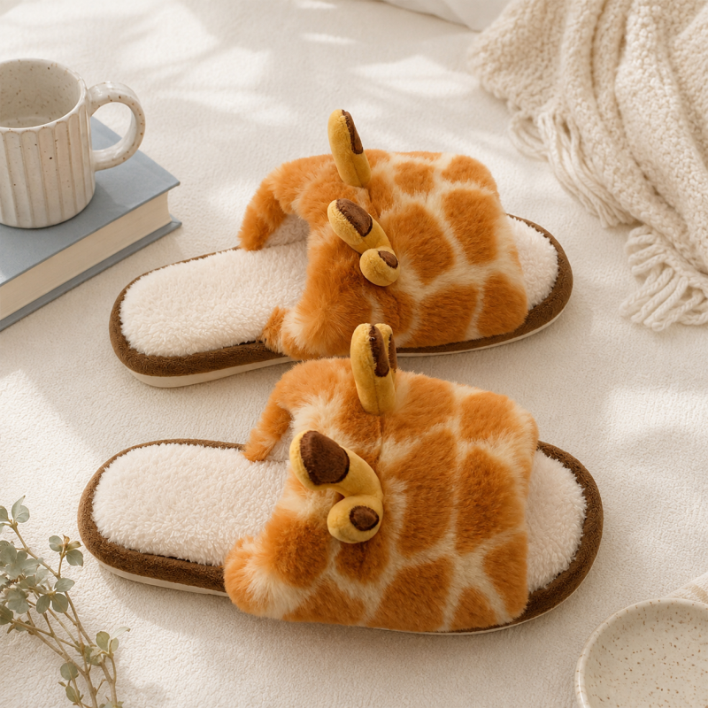 CouldNook Giraffe House Slippers - Fuzzy Slides and Raised Ears