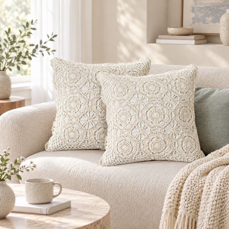 CouldNook Crochet Floral Cushion Cover - Openwork Medallions And Cotton Texture