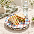 CouldNook Scalloped Plaid Plate - Red Blue Checks And Wavy Rim