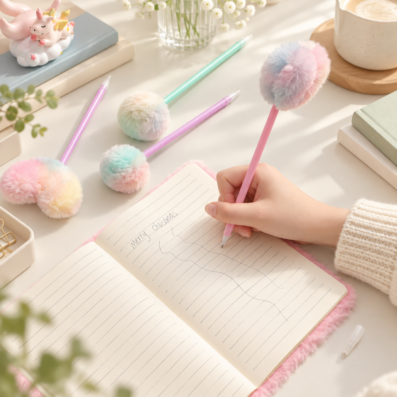 CouldNook Pom-Pom Ballpoint Pen - Pastel Hearts and Rounded Plush Toppers