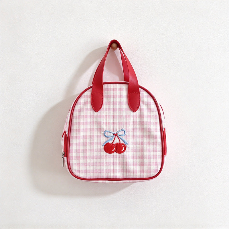 CouldNook Pink Gingham Makeup Bag - Cherry Motif And Red Handles