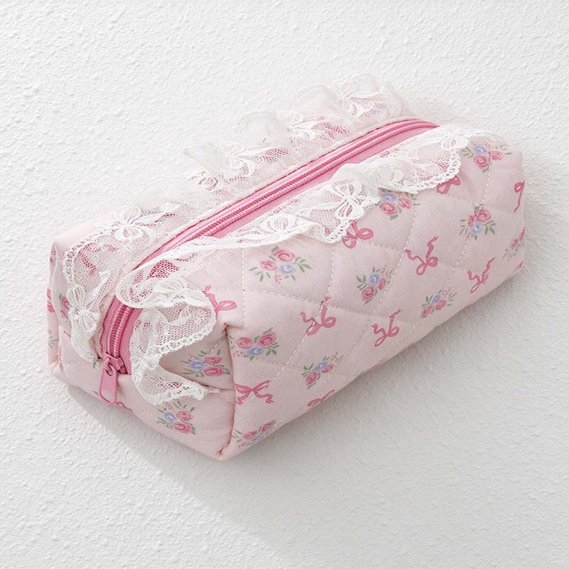 CouldNook Ruffled Cosmetic Pouch - Patterned Fabric And Top Zip Opening