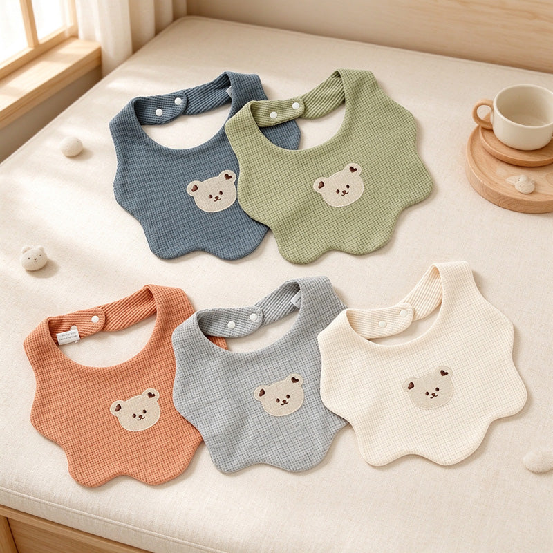 Bear Embroidered Baby Bib with Waffle Texture