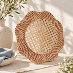 CouldNook Scalloped Rattan Tray - Open Lattice Center And Woven Rim
