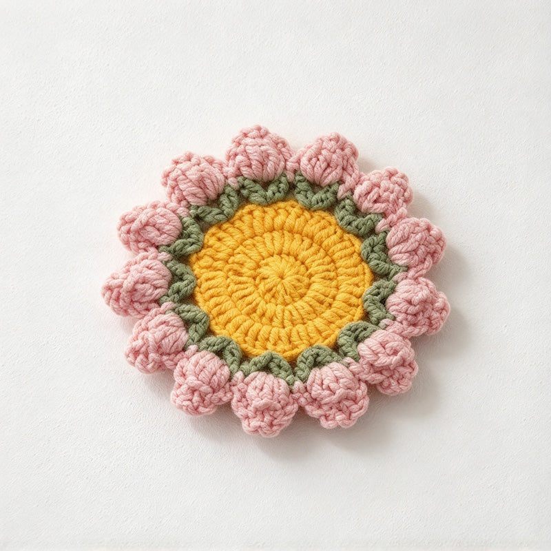 CouldNook Flower Coaster - Crocheted Yellow Center and Raised Bud Border