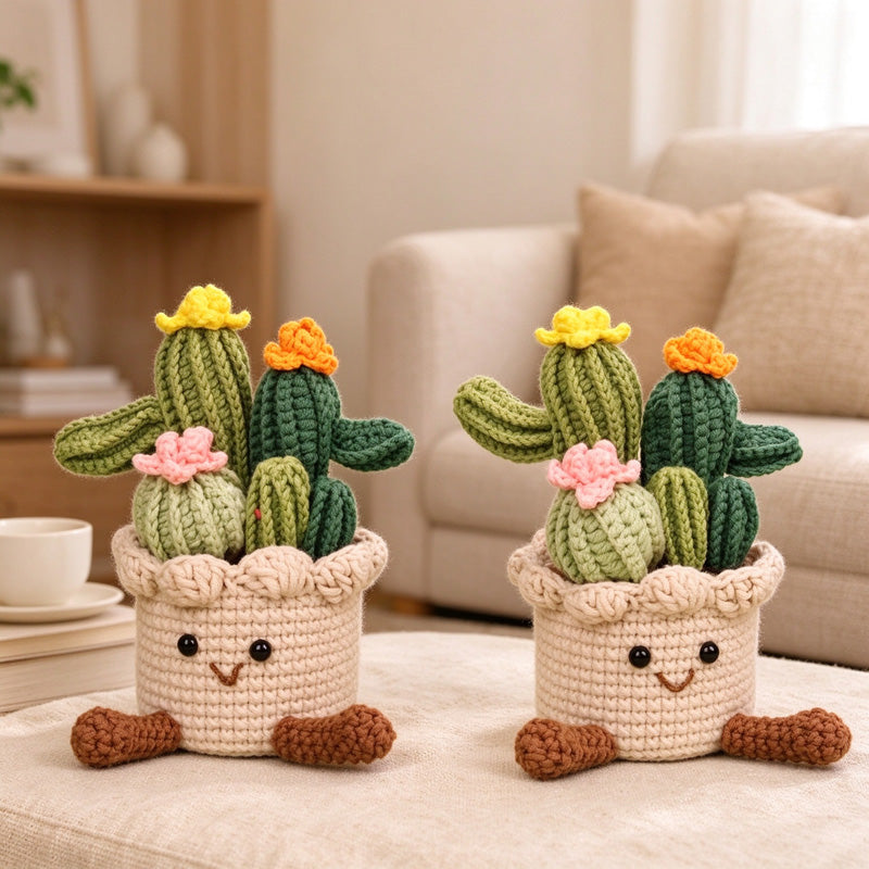 Crochet Cactus Arrangement in Smiling Flower Pot