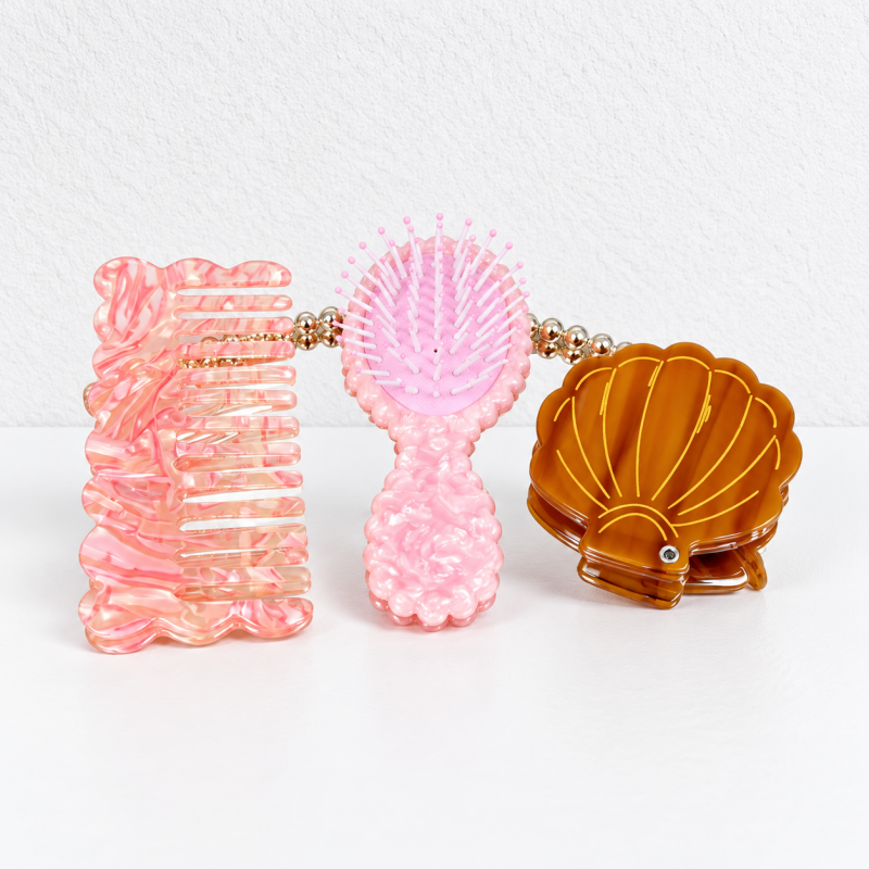 CouldNook Comb Brush And Mirror Set - Patterned Bodies And Shell-Shaped Mirror