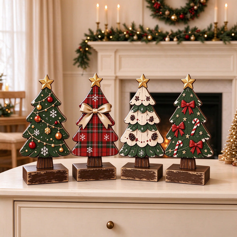 Four-Piece Wooden Christmas Tree Tabletop Decoration Set