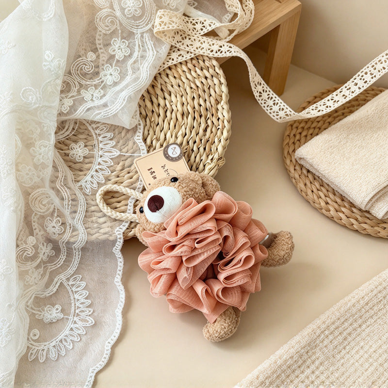 CouldNook Animal Bath Pouf - Bear and Rabbit Faces Around Ruffled Mesh