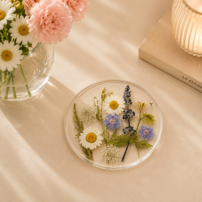 CouldNook Transparent Acrylic Flower Coaster - Tabletop Home Accent