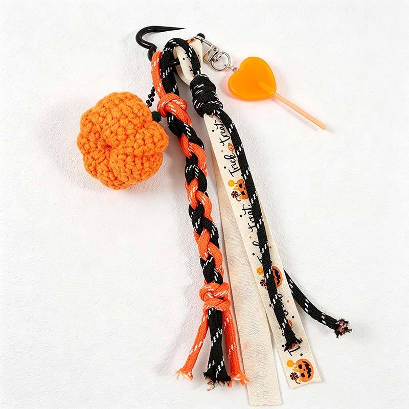 CouldNook Yarn Pumpkin Bag Charm - Braided Cord and Printed Ribbon